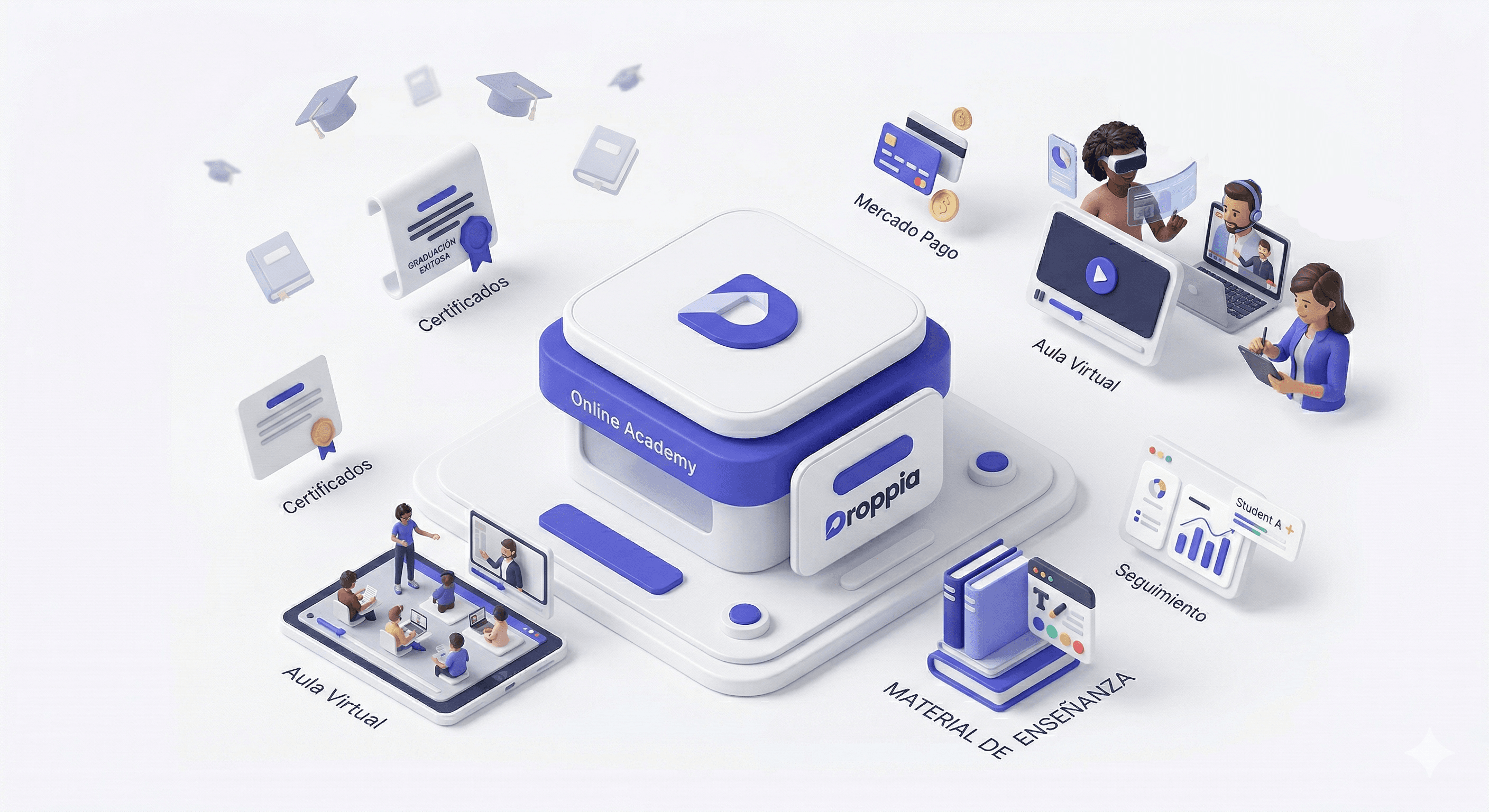 Ilustración isométrica de la plataforma Droppia para academias online