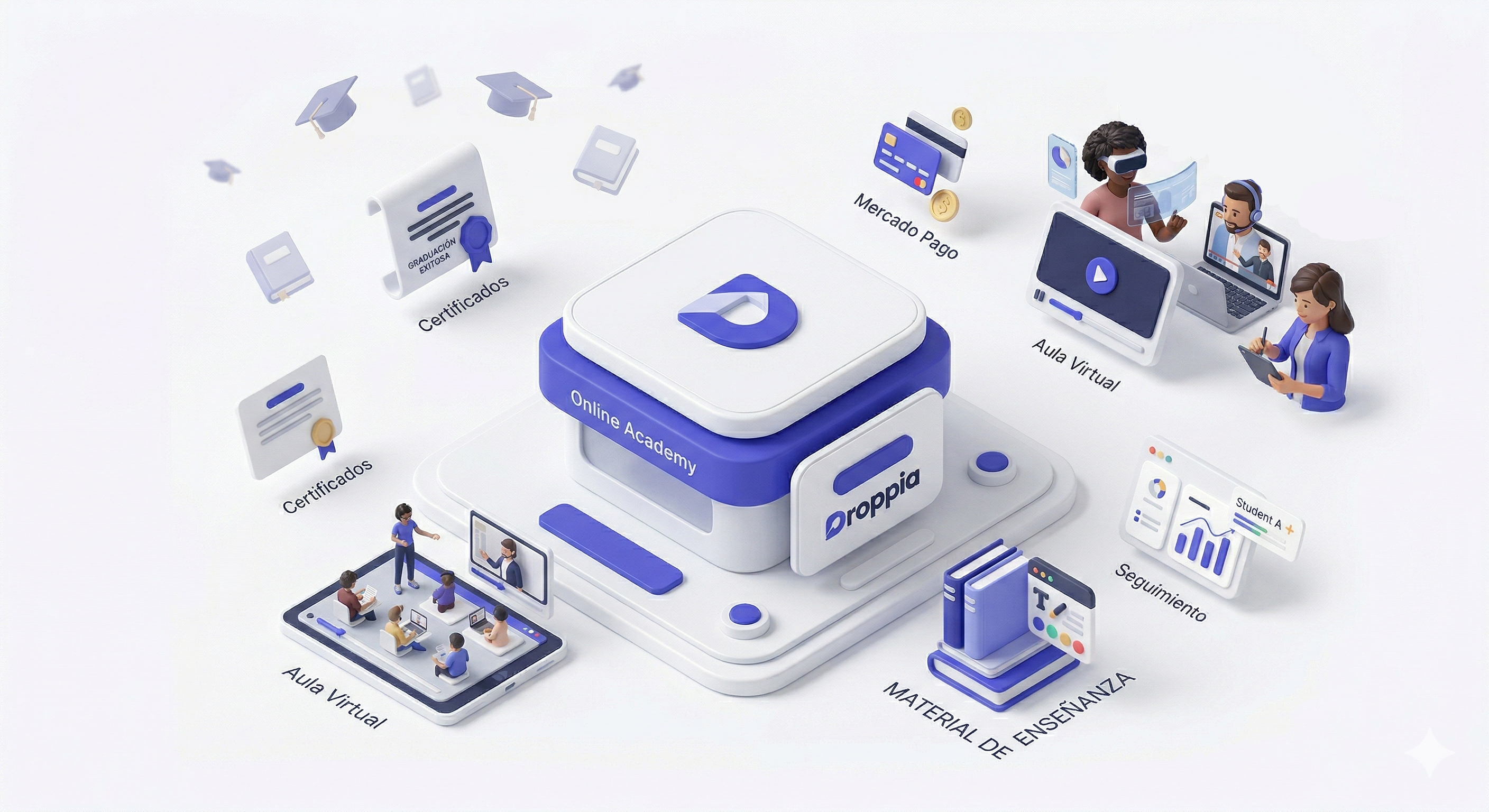 Ilustración isométrica de la plataforma Droppia para academias online